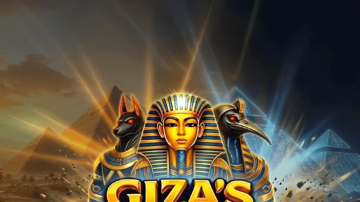 Interface do jogo de slot Giza's Portals com pirâmides ao fundo