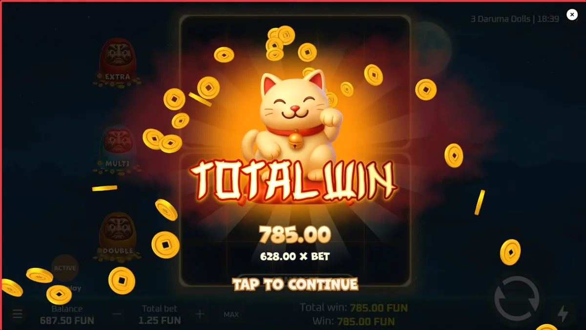 Interface do jogo de slot 3 Daruma Dolls com elementos temáticos japoneses