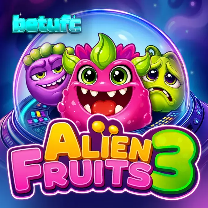 Interface colorida e vibrante do jogo Alien Fruits 3 com símbolos de frutas espaciais.
